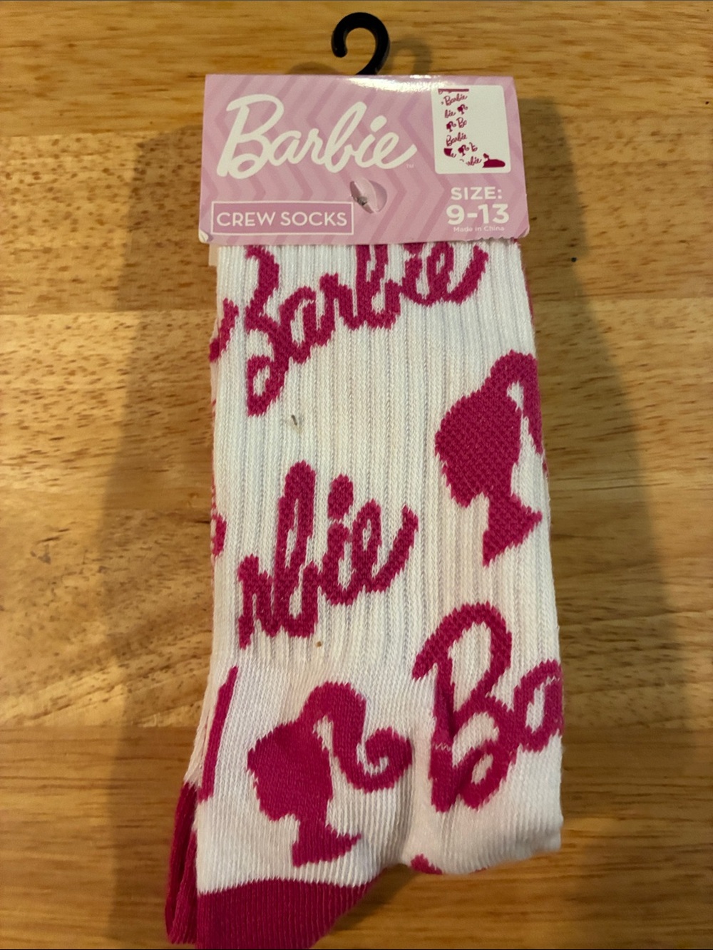 Barbie White Crew Socks with Pink Logo Silhouettes